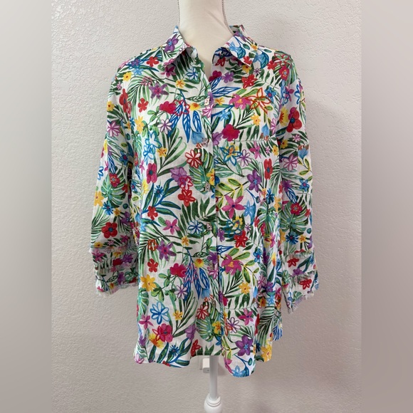 JHON MARK Floral Button Collared Blouse Multicolor 100 % Linen XL Long Sleeve - Picture 2 of 13
